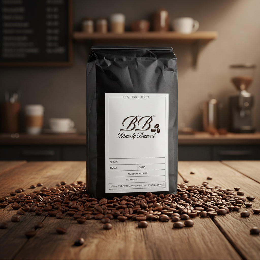 Black coffee bag with 'Bravely Brewed' label on a white background